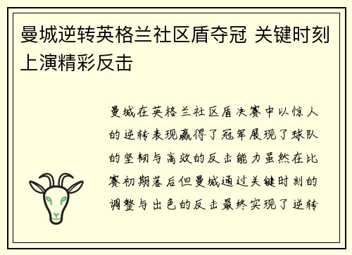 曼城逆转英格兰社区盾夺冠 关键时刻上演精彩反击