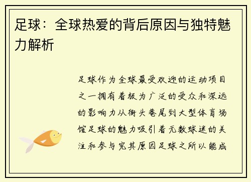 足球：全球热爱的背后原因与独特魅力解析