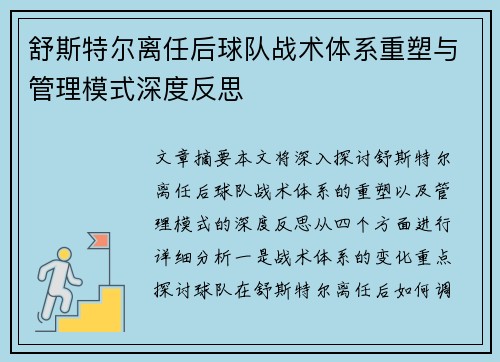 舒斯特尔离任后球队战术体系重塑与管理模式深度反思